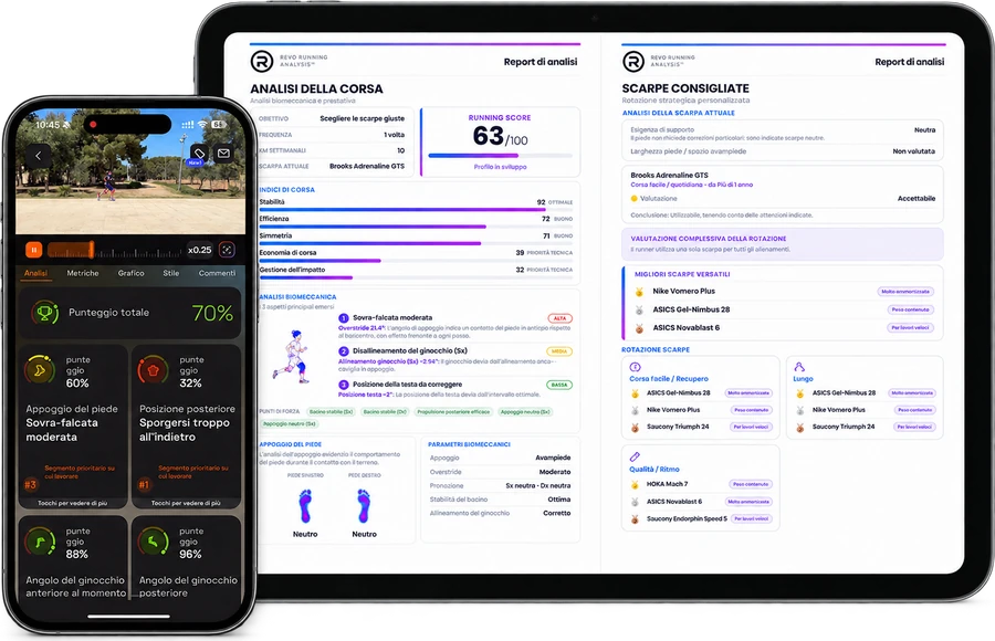 Report Revo Running Analysis su tablet e analisi video della corsa su telefono